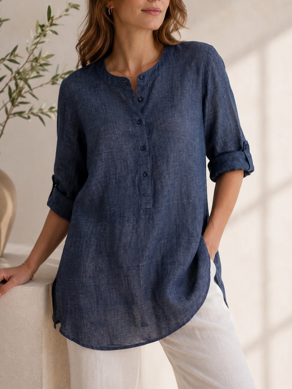 Eileen Fisher Organic Linen Tunic Top Blue Est. Size Large